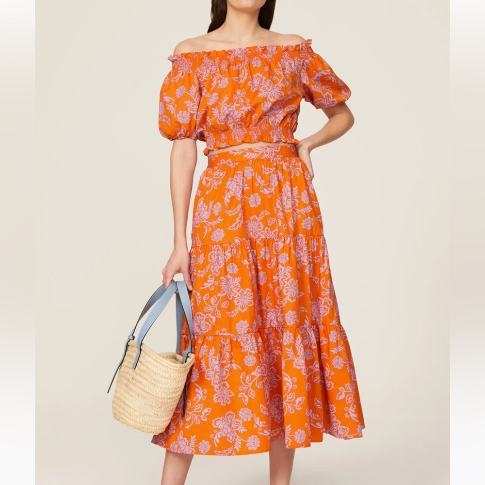 Xirena SET of crop top AND matching boho skirt, size L orange and pink